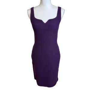 BABATON Purple Ribbed Knit V Neck Bodycon‎ Mini Dress Sz L Y2K 90s Date Night